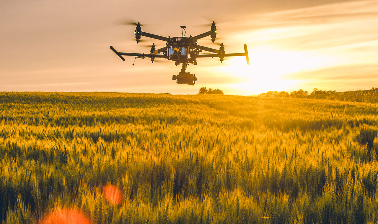 Drone flying over agriculture field
