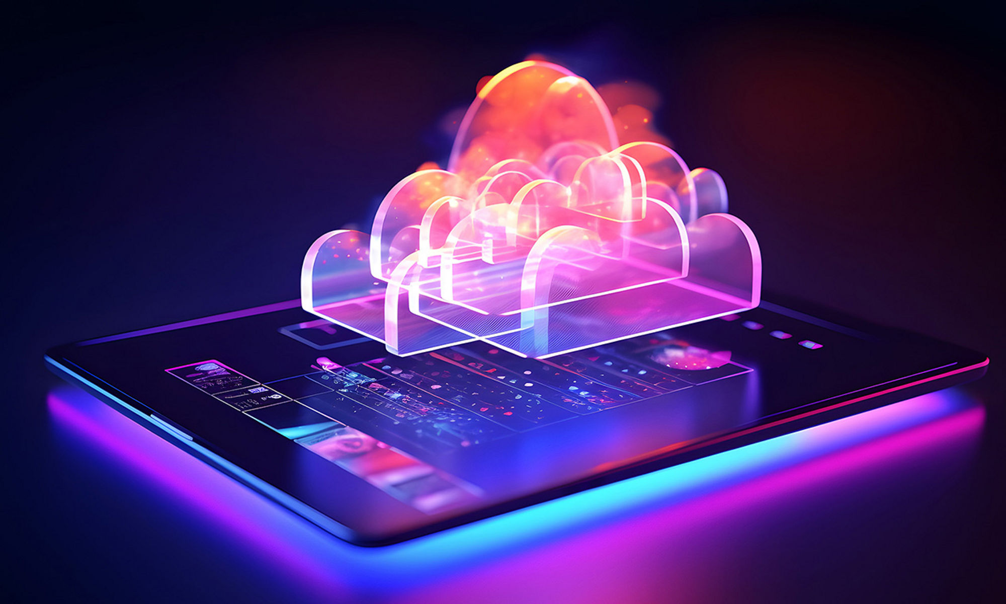 A cloud structure glowing with a mix of colors, hovering the screen of a tablet in a dark background.