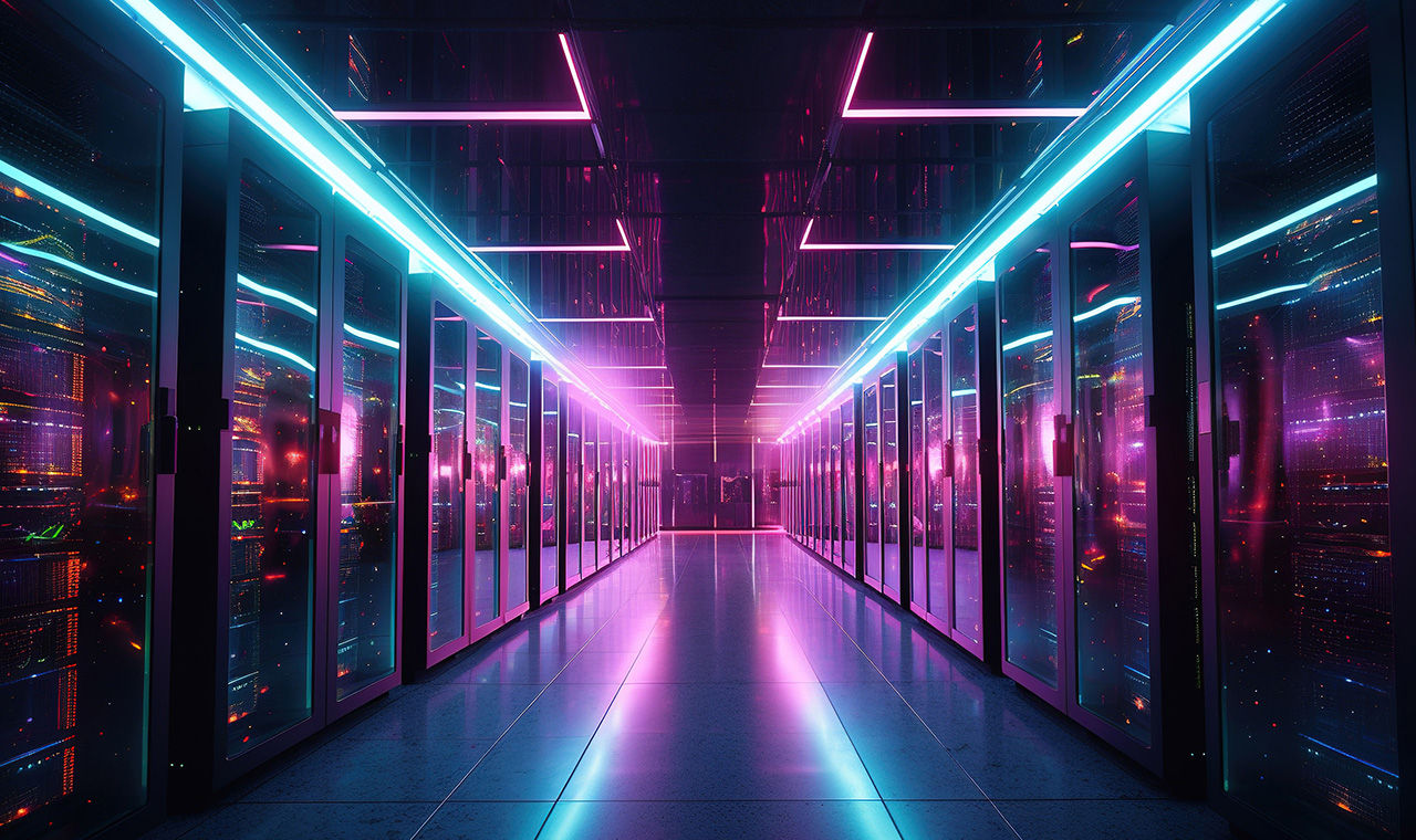 Data Center at night with purple and blue lighting