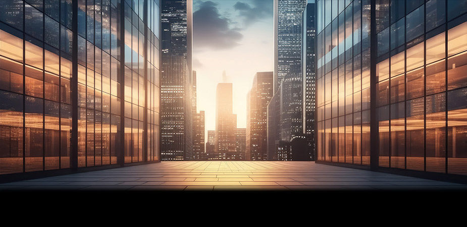 在日落时分，从两座玻璃建筑之间望向远处的摩天大楼