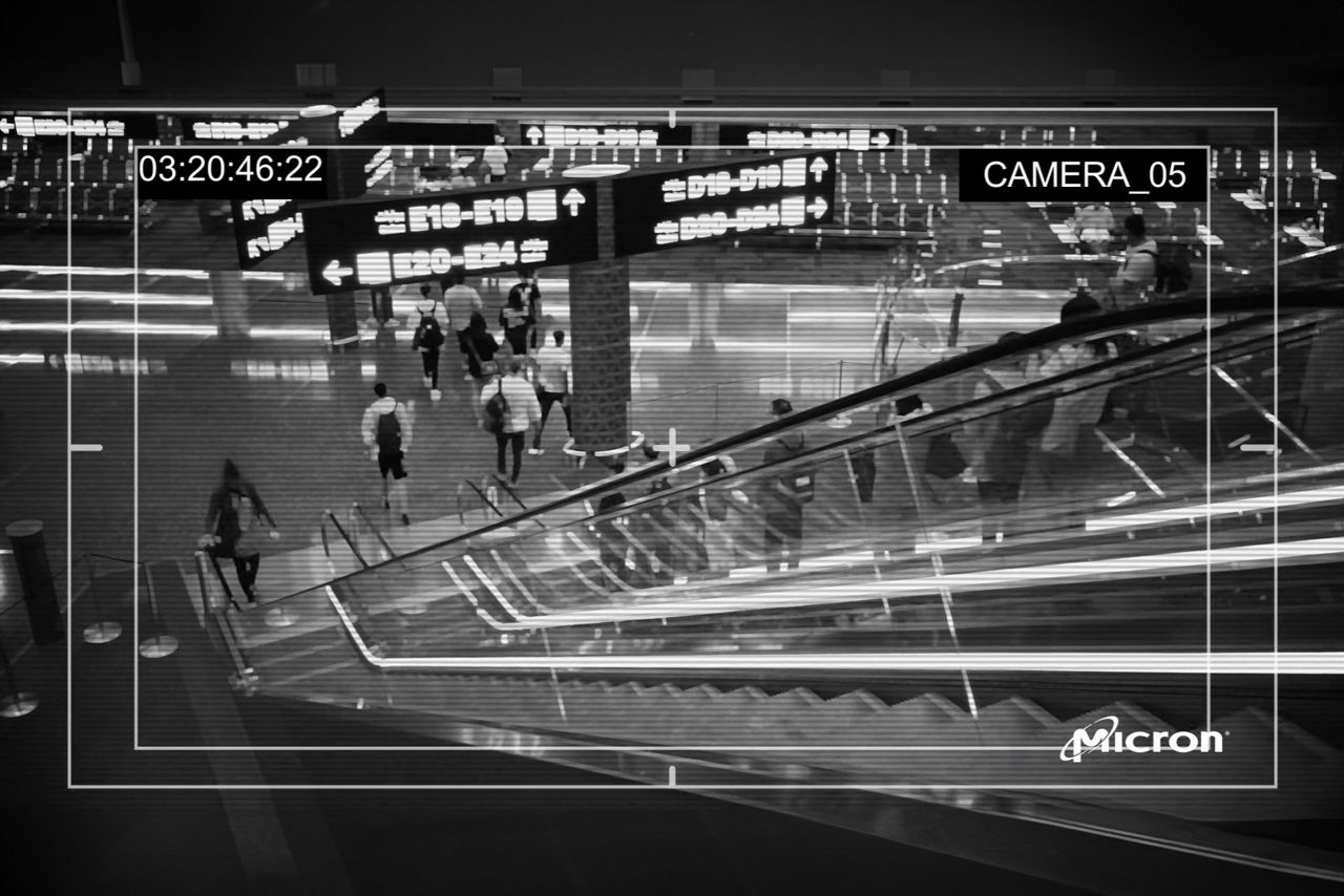 A black-and-white screen capture of a video surveillance camera's recording.