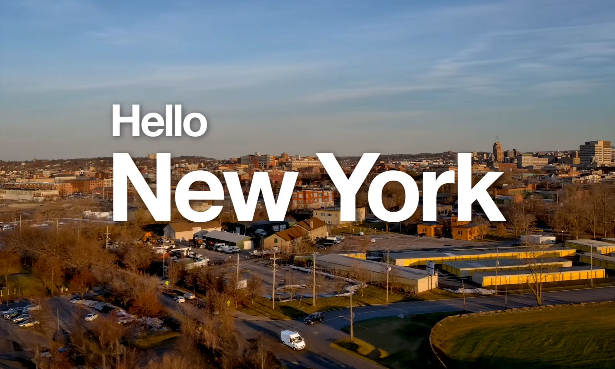 Image of the city with Hello New York written on the image