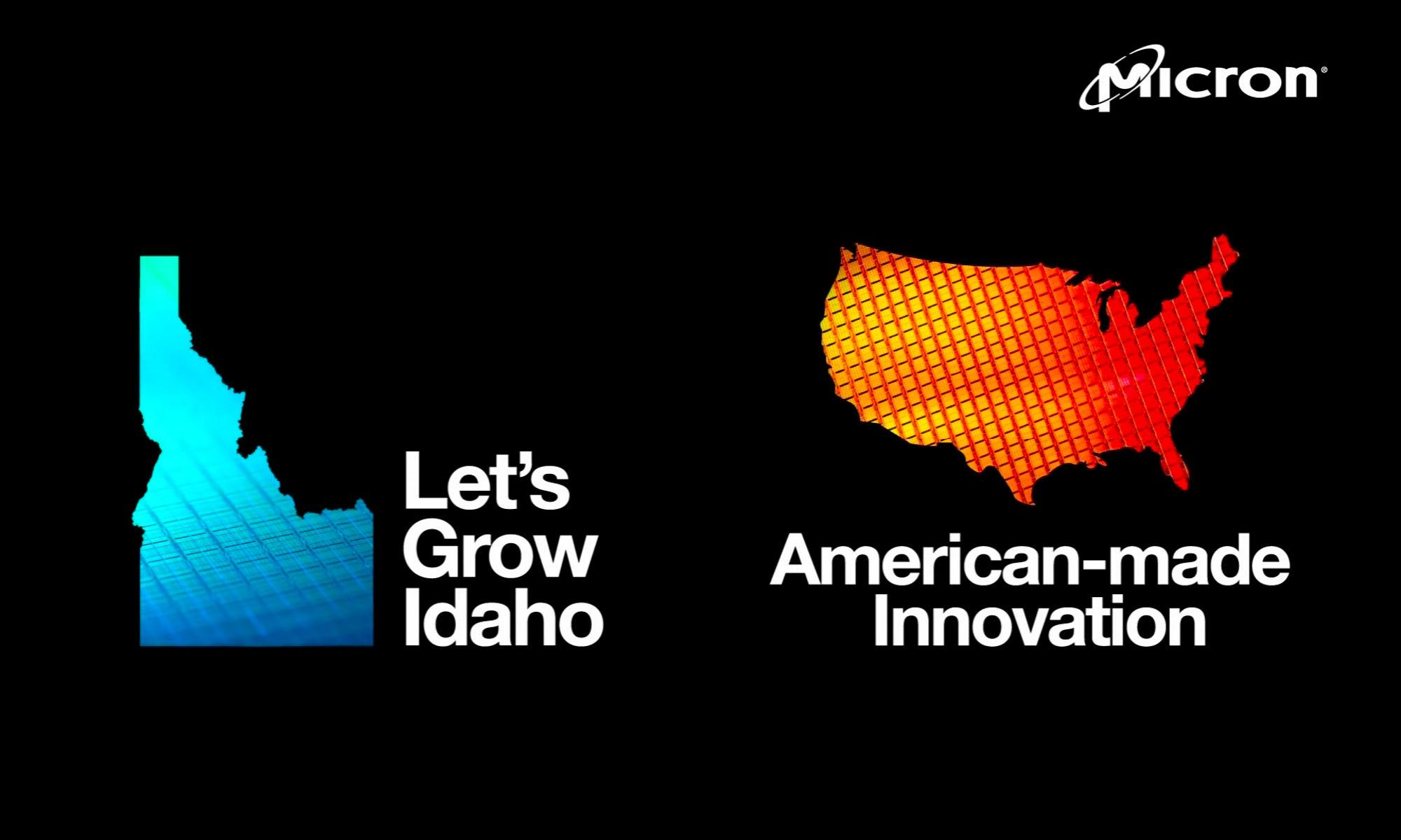 “Lets Grow Idaho”と“American-made Innovation”の表示 中心がウエハーとなっているアイダホ州とアメリカの地図